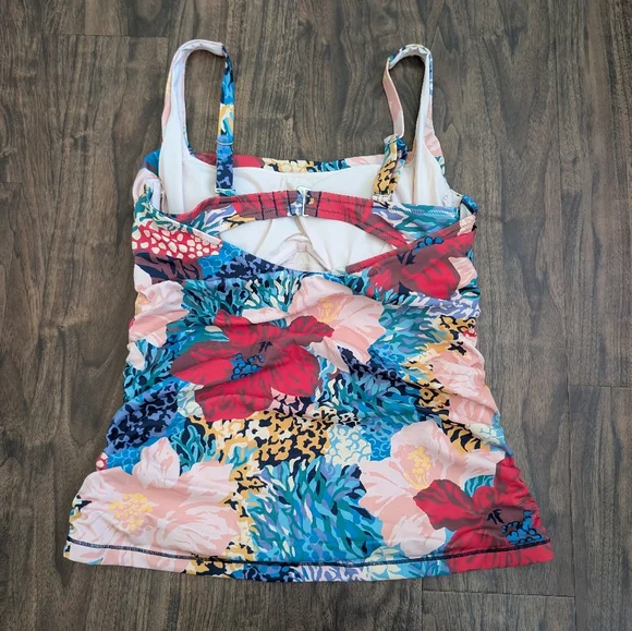 Athleta 38D/DD Floral Ruched Tankini Top in Red/Pink/Blue Flowers Wired Support - Picture 2 of 4
